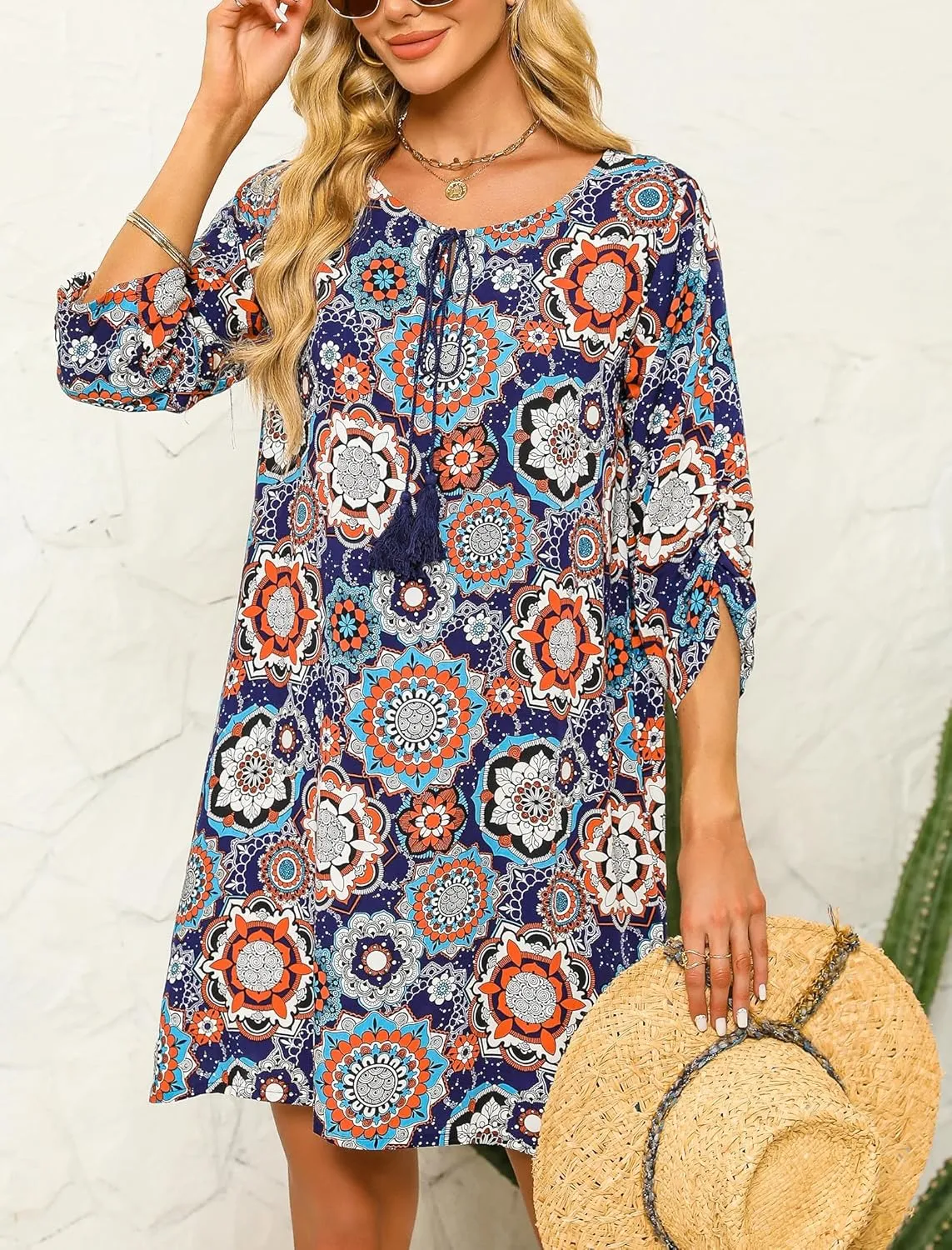 HOTOUCH Women Casual Beach Summer Dress Boho Tassel Tie Neck 3/4 Long Sleeve Short Floral Print Flowy Cover Up Sundresses