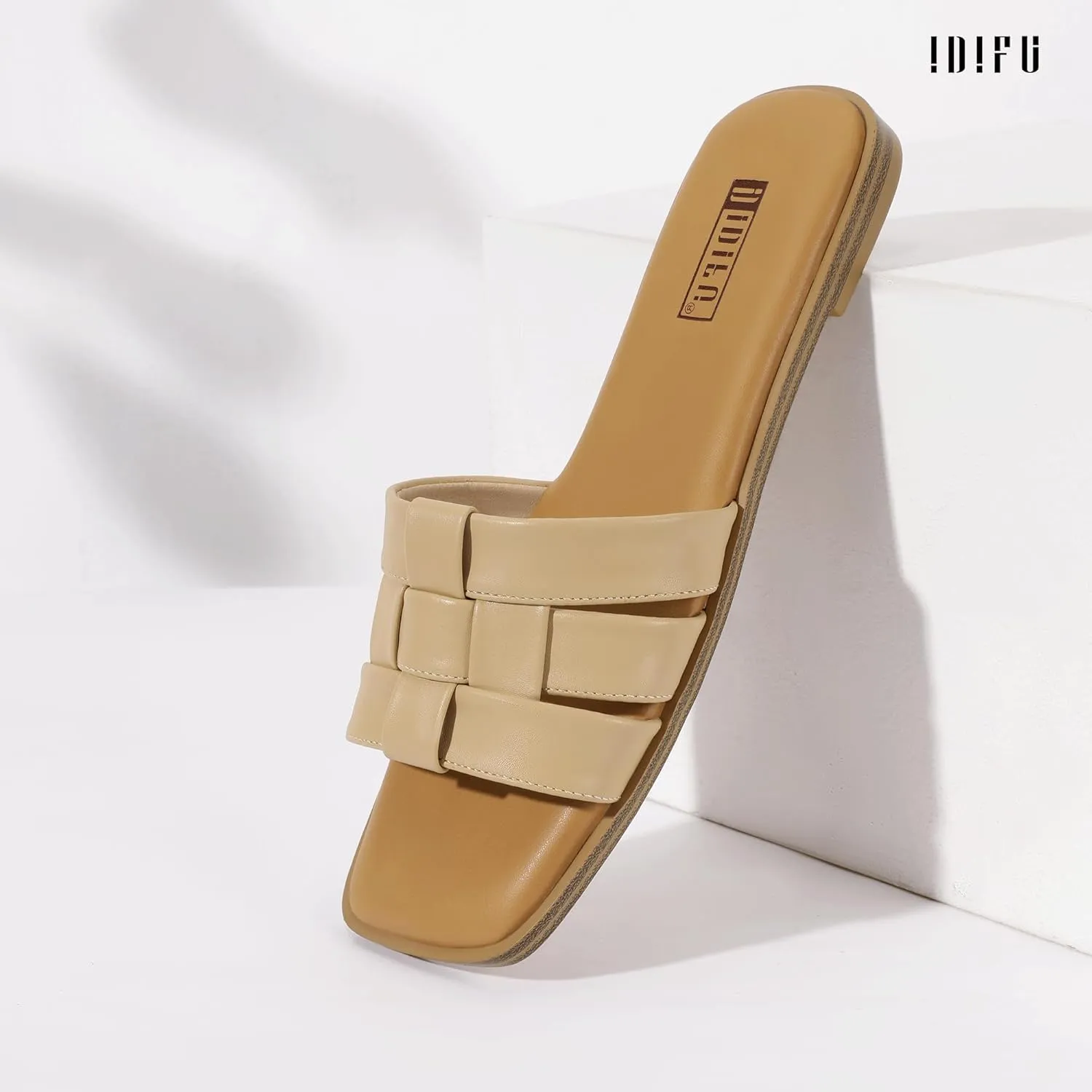 IDIFU Braided Flat Sandals for Women Square Open Toe Slip On Slide Sandals Backless Strappy Dress Sandals for Ladies Brides Summer Beach Wedding Dressy Casual Comfortable Trendy Cute Slides Sandals