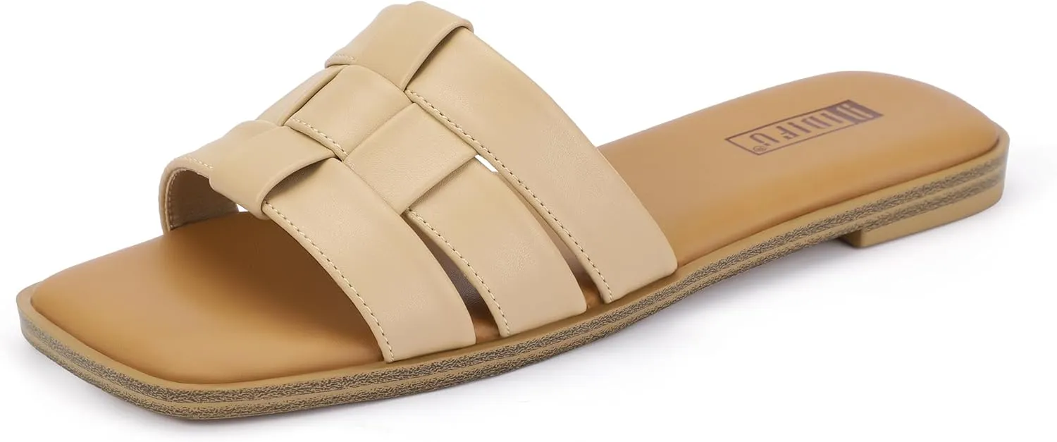IDIFU Braided Flat Sandals for Women Square Open Toe Slip On Slide Sandals Backless Strappy Dress Sandals for Ladies Brides Summer Beach Wedding Dressy Casual Comfortable Trendy Cute Slides Sandals