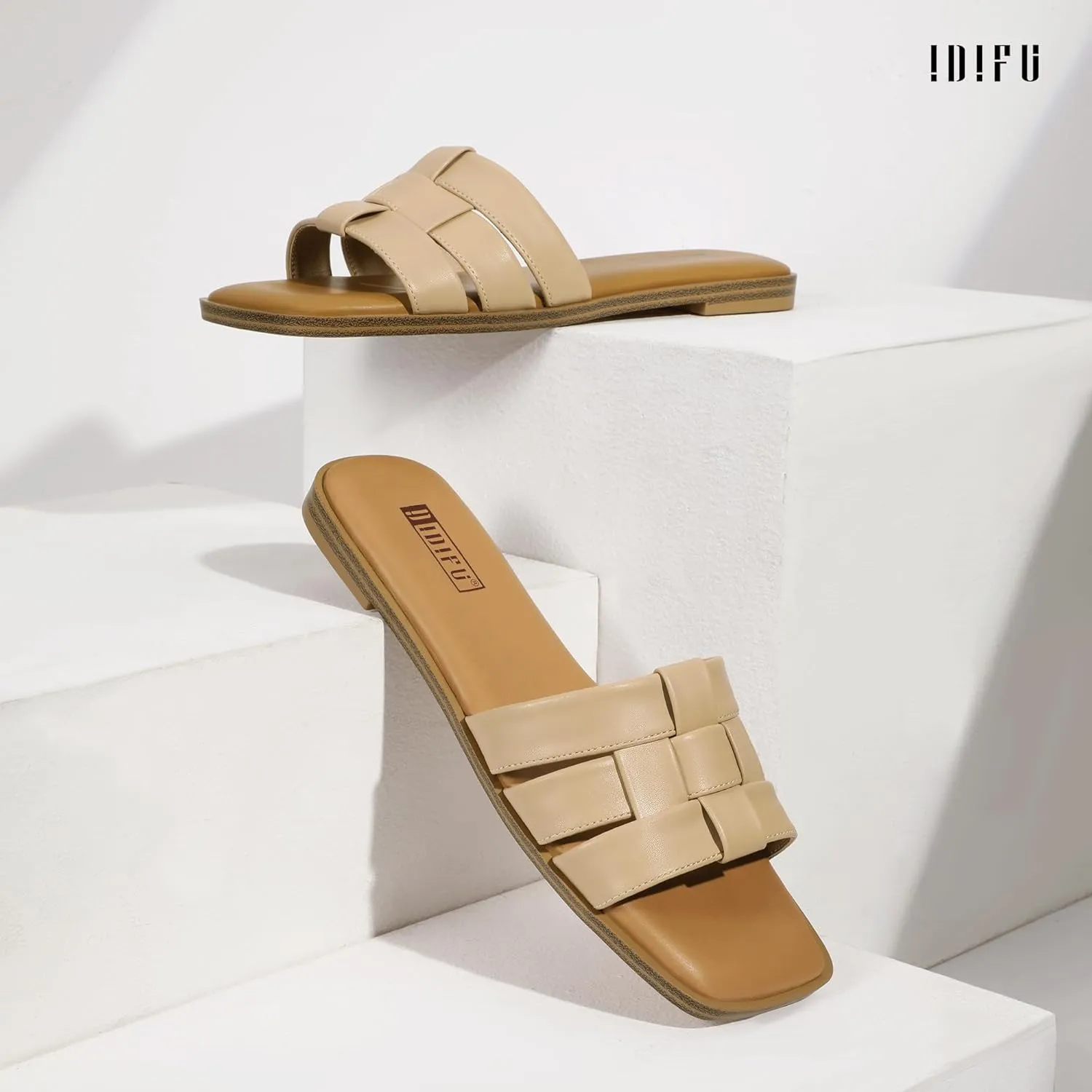 IDIFU Braided Flat Sandals for Women Square Open Toe Slip On Slide Sandals Backless Strappy Dress Sandals for Ladies Brides Summer Beach Wedding Dressy Casual Comfortable Trendy Cute Slides Sandals