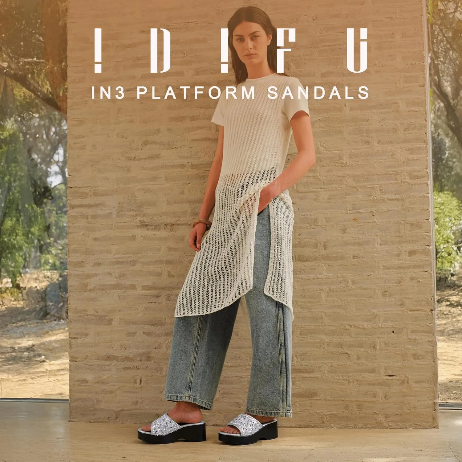 IDIFU IN3 Platform Sandals Wedge Sandals for Women Sparkly Low Chunky Slides Sandals Summer Beach Cute Comfortable Slip On Wedges Square Open Toe Trendy Small Dressy Womens Sandals