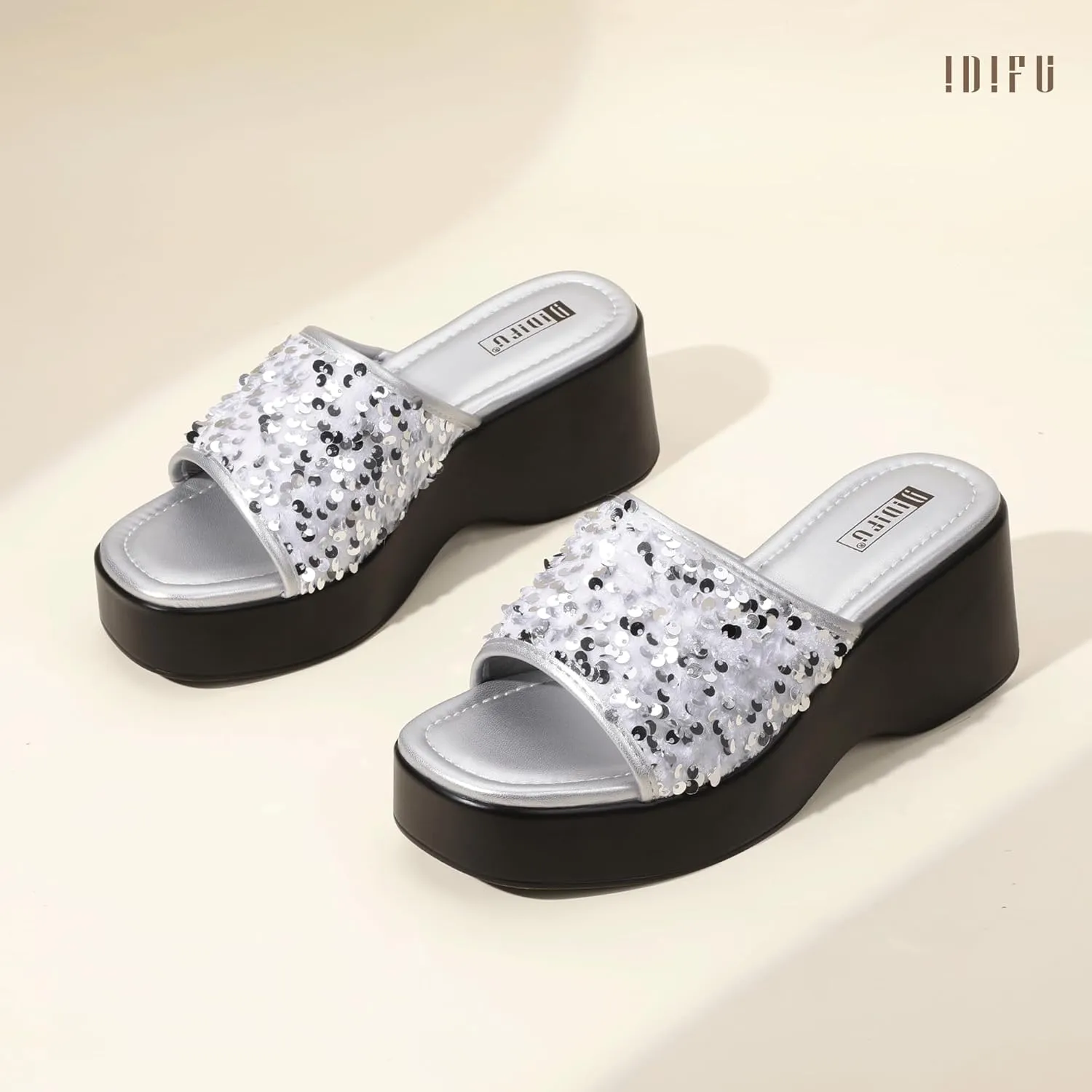 IDIFU IN3 Platform Sandals Wedge Sandals for Women Sparkly Low Chunky Slides Sandals Summer Beach Cute Comfortable Slip On Wedges Square Open Toe Trendy Small Dressy Womens Sandals