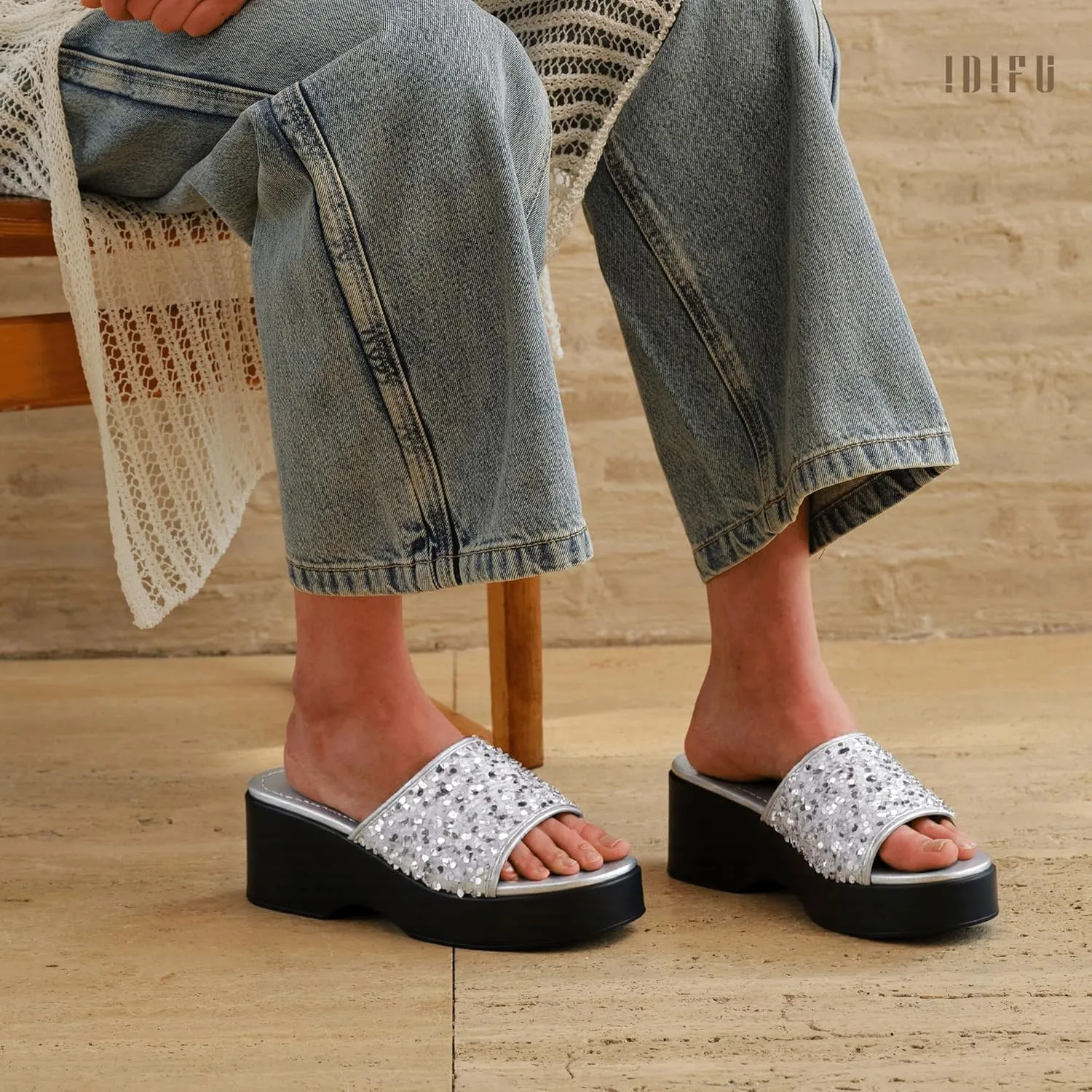 IDIFU IN3 Platform Sandals Wedge Sandals for Women Sparkly Low Chunky Slides Sandals Summer Beach Cute Comfortable Slip On Wedges Square Open Toe Trendy Small Dressy Womens Sandals
