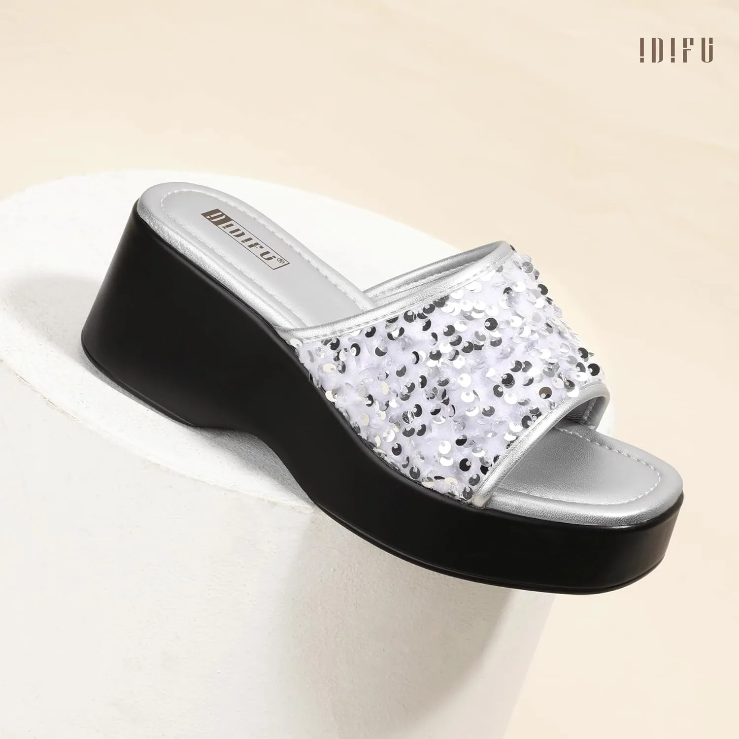 IDIFU IN3 Platform Sandals Wedge Sandals for Women Sparkly Low Chunky Slides Sandals Summer Beach Cute Comfortable Slip On Wedges Square Open Toe Trendy Small Dressy Womens Sandals