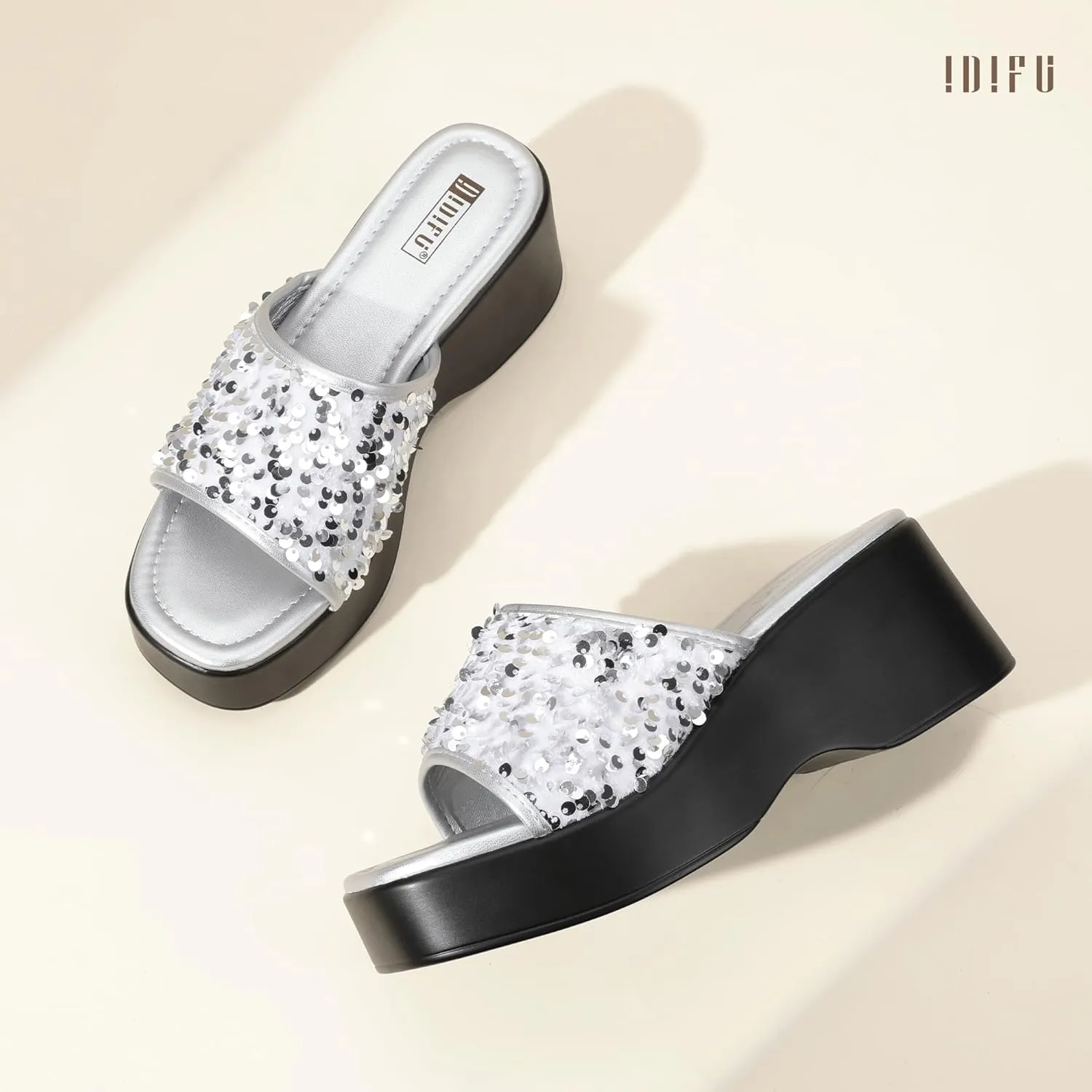 IDIFU IN3 Platform Sandals Wedge Sandals for Women Sparkly Low Chunky Slides Sandals Summer Beach Cute Comfortable Slip On Wedges Square Open Toe Trendy Small Dressy Womens Sandals