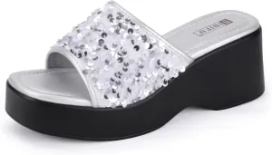 IDIFU IN3 Platform Sandals Wedge Sandals for Women Sparkly Low Chunky Slides Sandals Summer Beach Cute Comfortable Slip On Wedges Square Open Toe Trendy Small Dressy Womens Sandals