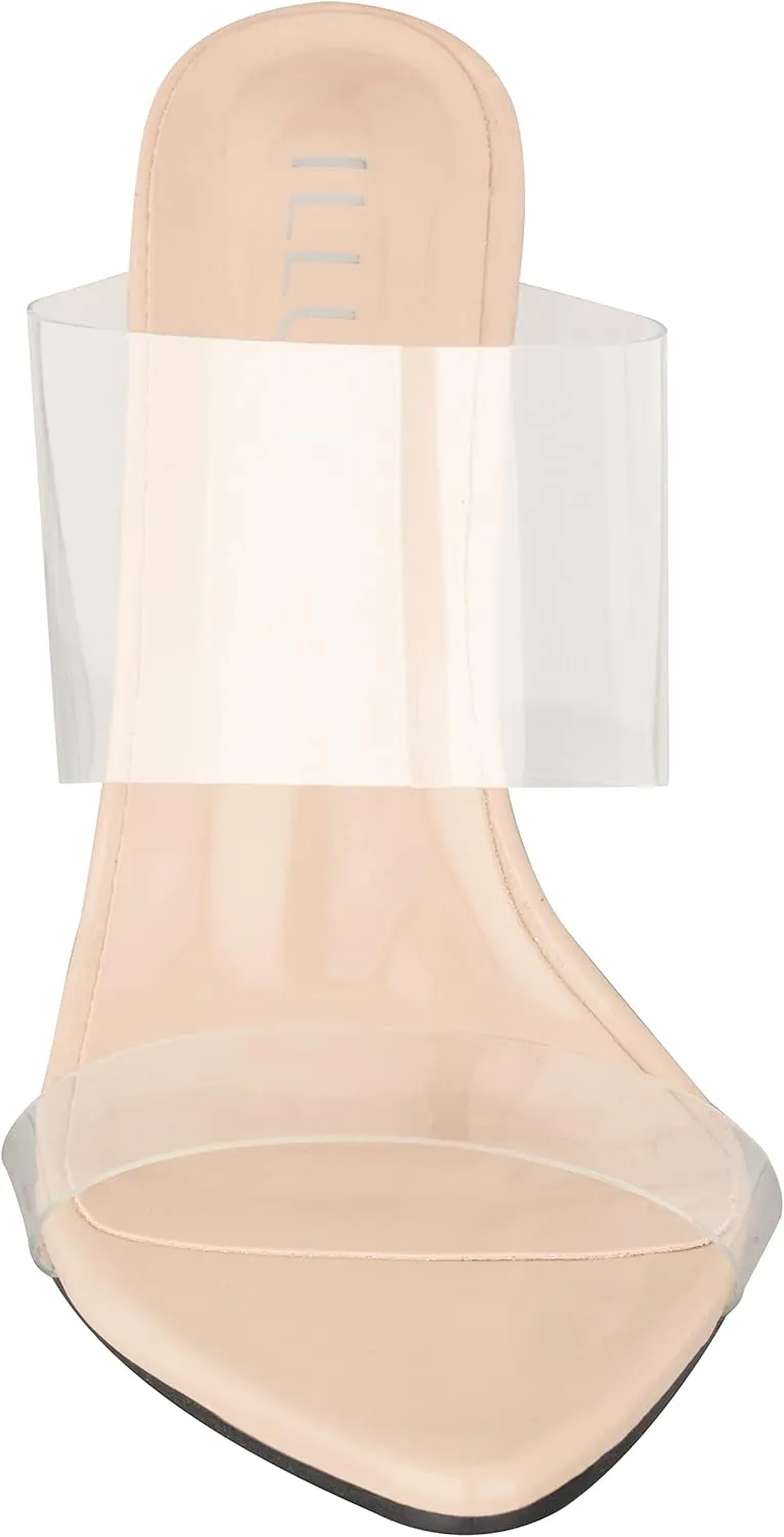 ILLUDE Women’s Clear Pointed Toe Sandals Stiletto Heels Transparent Strap High Heels Slip on Mules