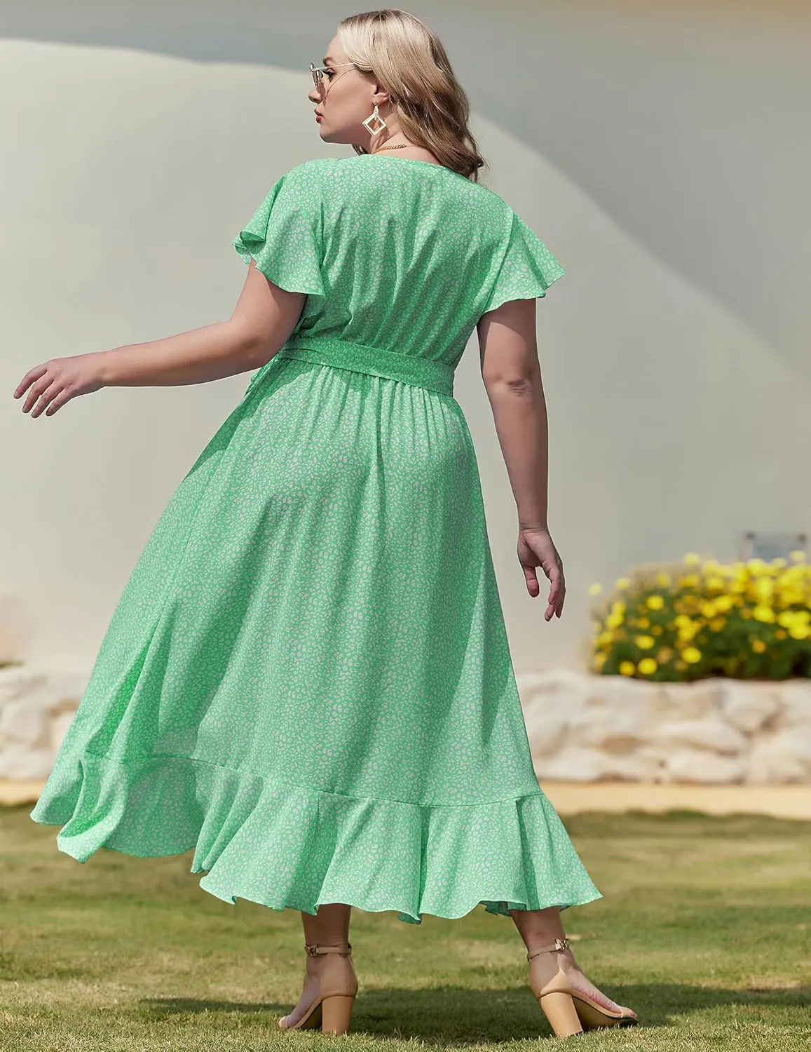 IN'VOLAND Plus Size Womens Floral Summer Dress Casual Wrap V Neck Short Sleeve Belted Beach Bohemian Maxi Dress
