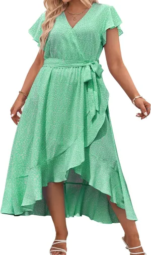 IN'VOLAND Plus Size Womens Floral Summer Dress Casual Wrap V Neck Short Sleeve Belted Beach Bohemian Maxi Dress