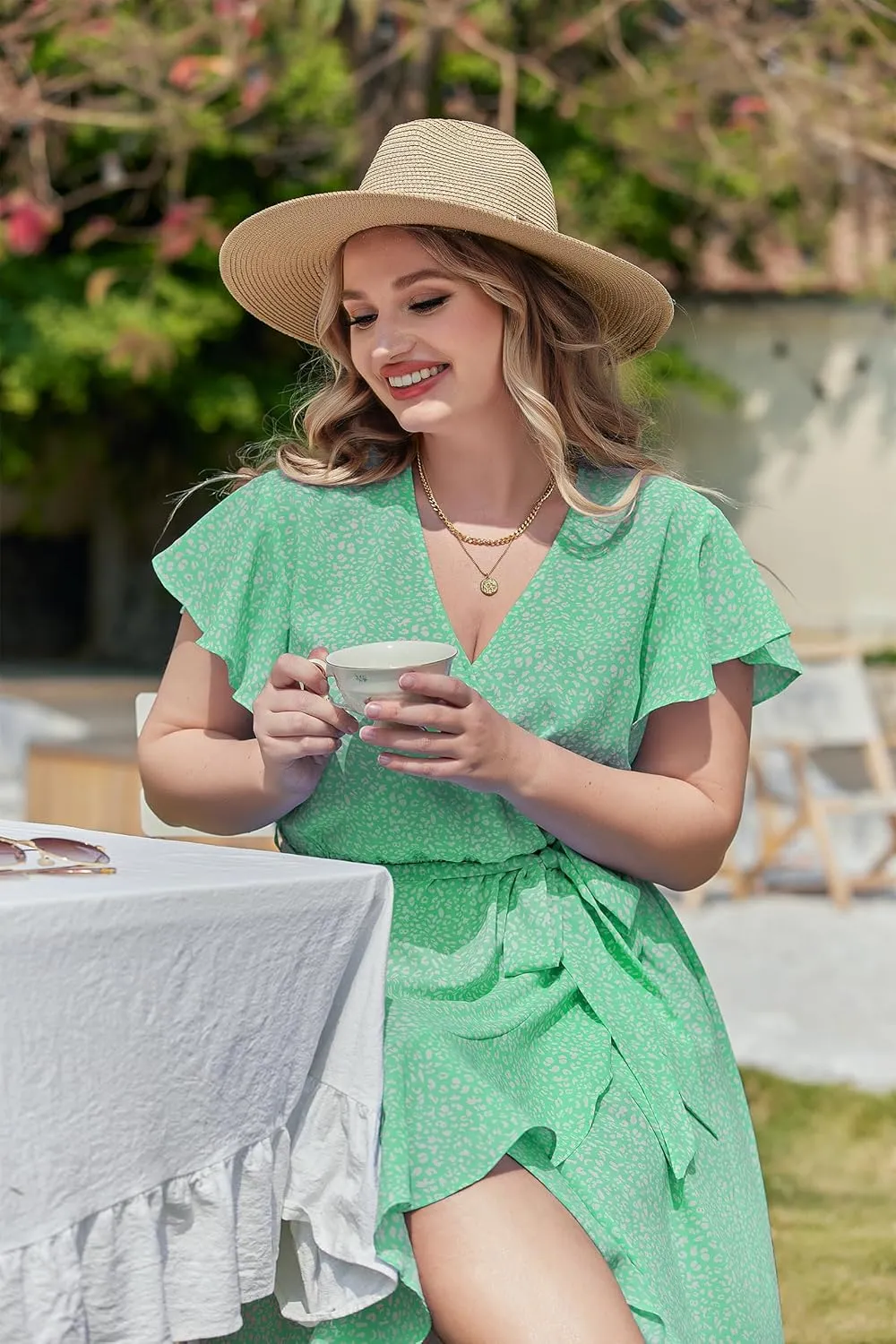 IN'VOLAND Plus Size Womens Floral Summer Dress Casual Wrap V Neck Short Sleeve Belted Beach Bohemian Maxi Dress