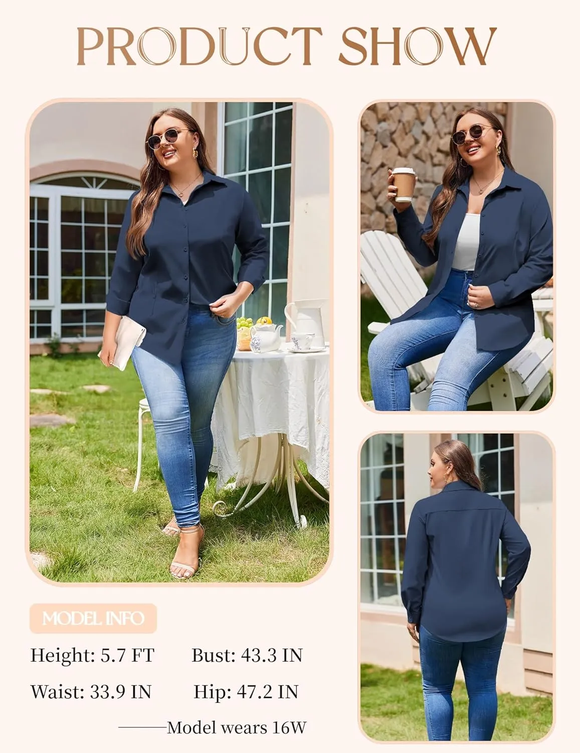 IN'VOLAND Women's Plus Size Button Down Shirts Long Sleeve Collared Casual Shirt Office Work Blouse Tops