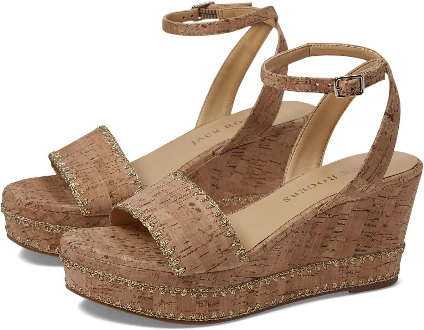 Jack Rogers Flagler Stitch Wedge Sandals for Women – Open Toe – Cork Upper – Stitching Detail – Rubber Outsole