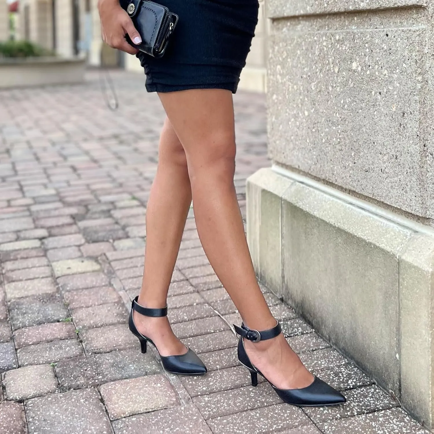 JENN ARDOR Women's Kitten Heel Pumps Ladies Closed Pointed Toe D'Orsay Ankle Strap Dress Stiletto
