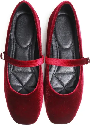 JiangWei Shu Women's Square Toe Ballets Comfortable Flats Soft Velvet Mary Jane Flats Casual Dressy Shoes