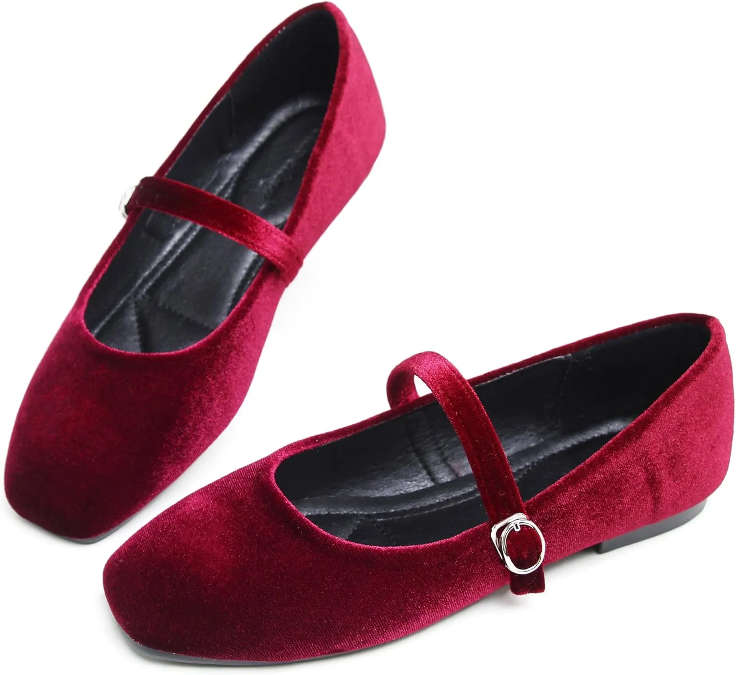 JiangWei Shu Women's Square Toe Ballets Comfortable Flats Soft Velvet Mary Jane Flats Casual Dressy Shoes