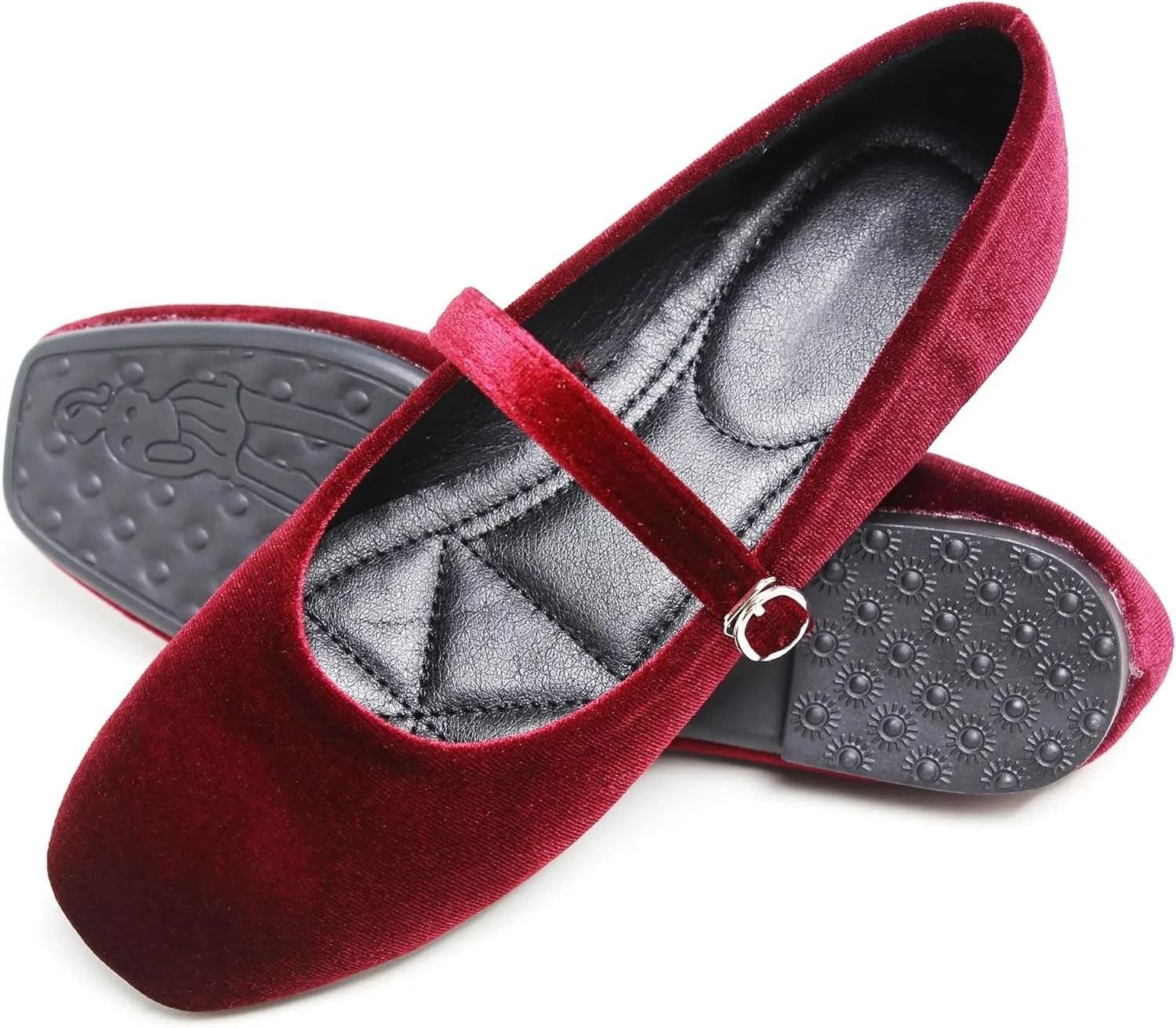 JiangWei Shu Women's Square Toe Ballets Comfortable Flats Soft Velvet Mary Jane Flats Casual Dressy Shoes