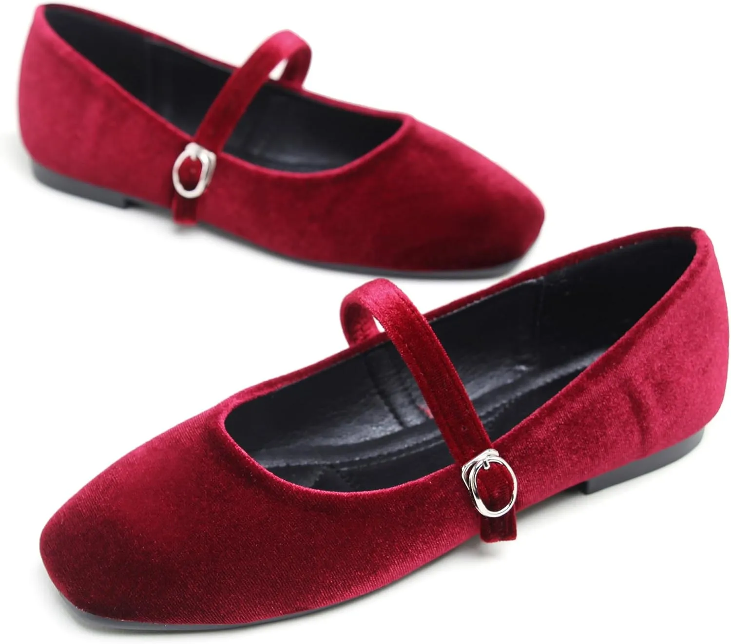 JiangWei Shu Women's Square Toe Ballets Comfortable Flats Soft Velvet Mary Jane Flats Casual Dressy Shoes