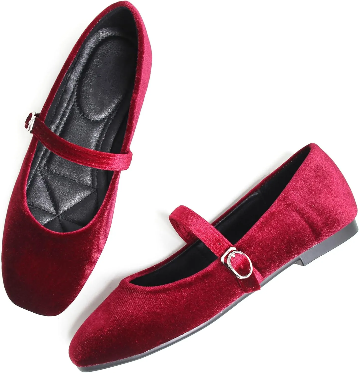 JiangWei Shu Women's Square Toe Ballets Comfortable Flats Soft Velvet Mary Jane Flats Casual Dressy Shoes