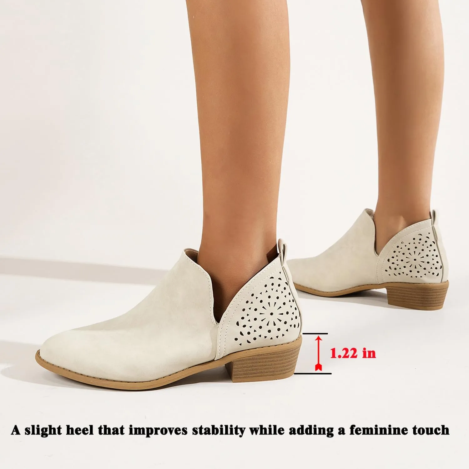 JITUUE Ankle Boots for women Casual Cut Out Slip On Low Heel Short Chunky Stacked Heel Perforated Side V Cut Western Booties Cutout Shoes