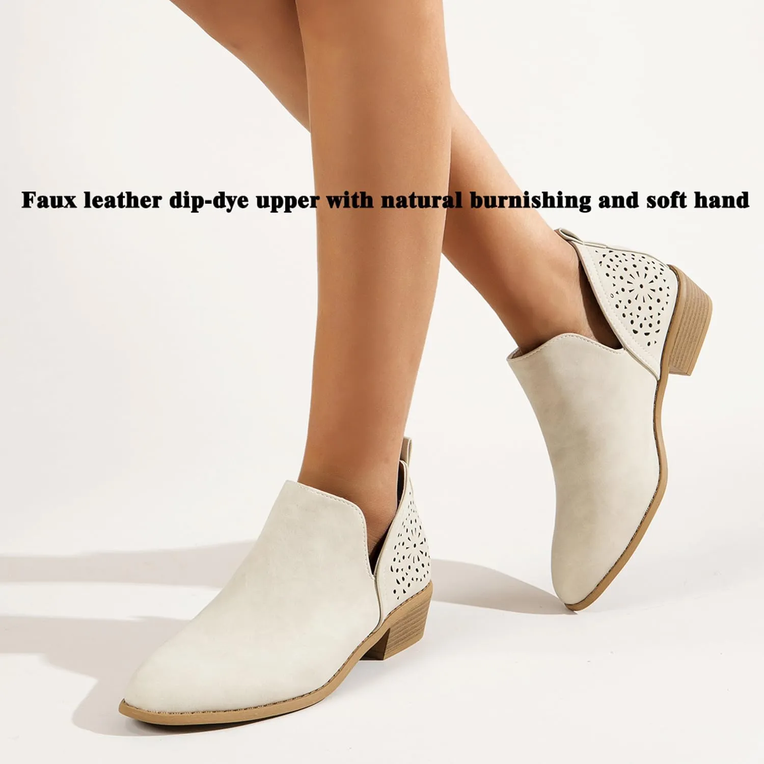 JITUUE Ankle Boots for women Casual Cut Out Slip On Low Heel Short Chunky Stacked Heel Perforated Side V Cut Western Booties Cutout Shoes