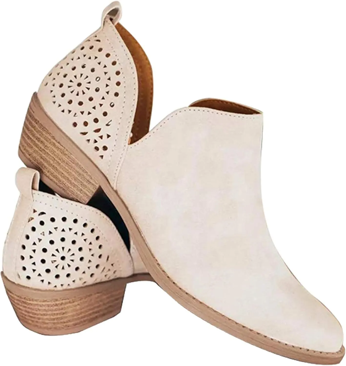 JITUUE Ankle Boots for women Casual Cut Out Slip On Low Heel Short Chunky Stacked Heel Perforated Side V Cut Western Booties Cutout Shoes