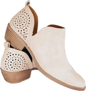 JITUUE Ankle Boots for women Casual Cut Out Slip On Low Heel Short Chunky Stacked Heel Perforated Side V Cut Western Booties Cutout Shoes