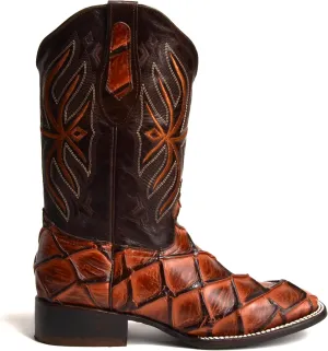 Joe Boots 708 Authentic Pirarucu Leather Print Men's Embroidered Square Toe Cowboy/Rodeo Boots Leather outsole