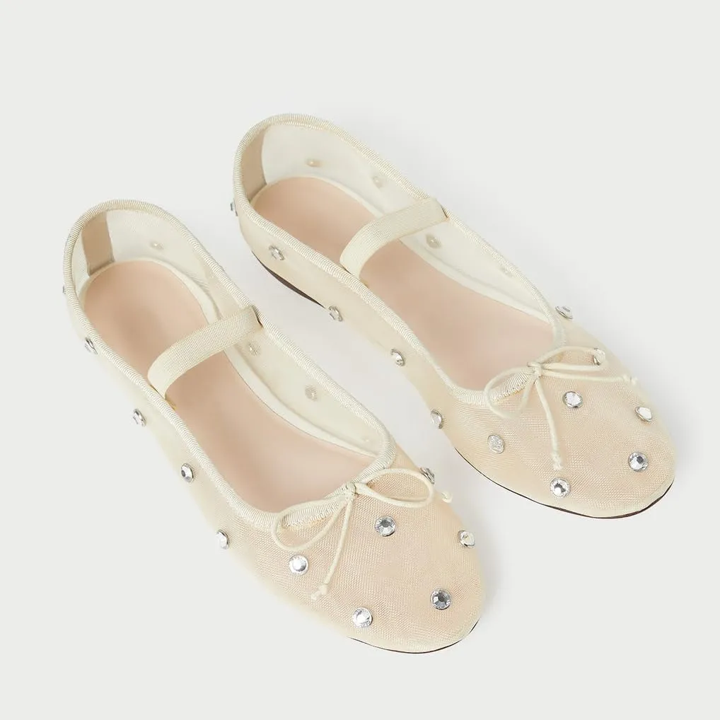JORISTIMO Crystal Mesh Ballet Flats Stretch Band Snip Toe Ballerinas Flats Mary Jane