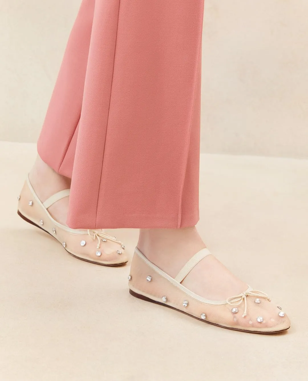 JORISTIMO Crystal Mesh Ballet Flats Stretch Band Snip Toe Ballerinas Flats Mary Jane