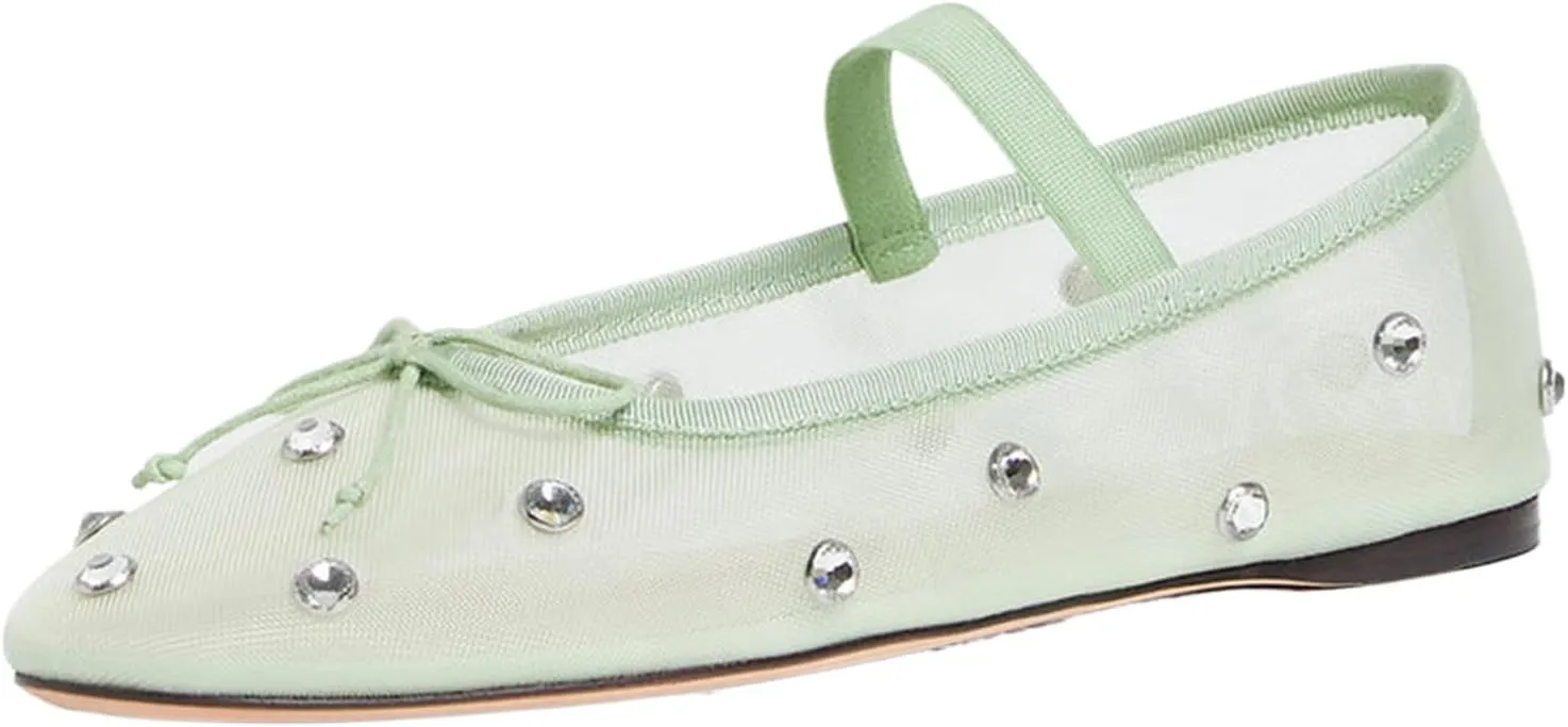 JORISTIMO Crystal Mesh Ballet Flats Stretch Band Snip Toe Ballerinas Flats Mary Jane