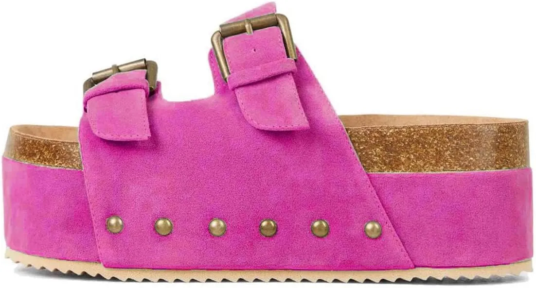 JORISTIMO Women's Cork Flatform Sandals Dual Buckled Band Suede Clogs Platform Slip On Sandals