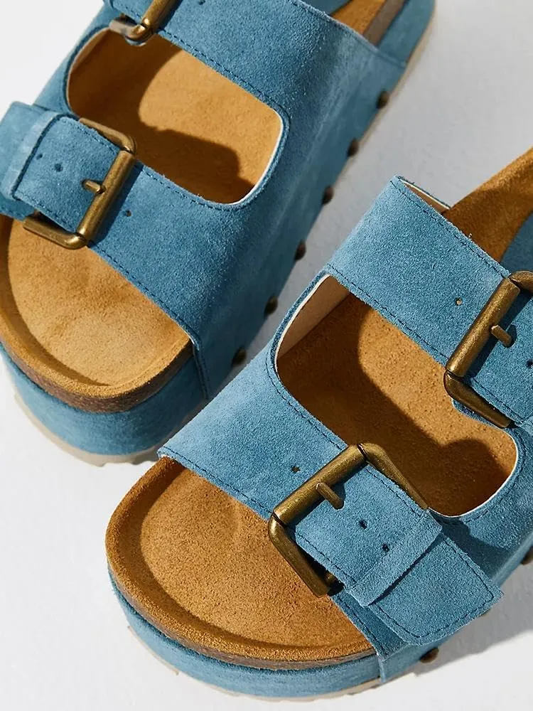 JORISTIMO Women's Cork Flatform Sandals Dual Buckled Band Suede Clogs Platform Slip On Sandals
