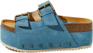 JORISTIMO Women's Cork Flatform Sandals Dual Buckled Band Suede Clogs Platform Slip On Sandals