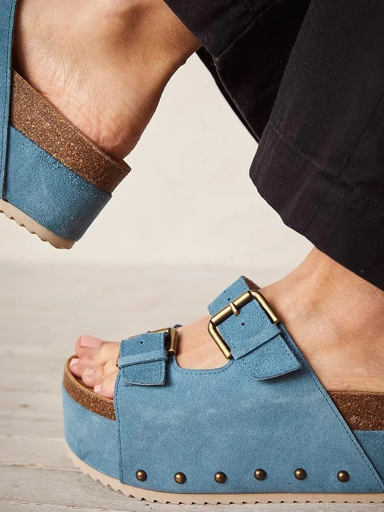 JORISTIMO Women's Cork Flatform Sandals Dual Buckled Band Suede Clogs Platform Slip On Sandals