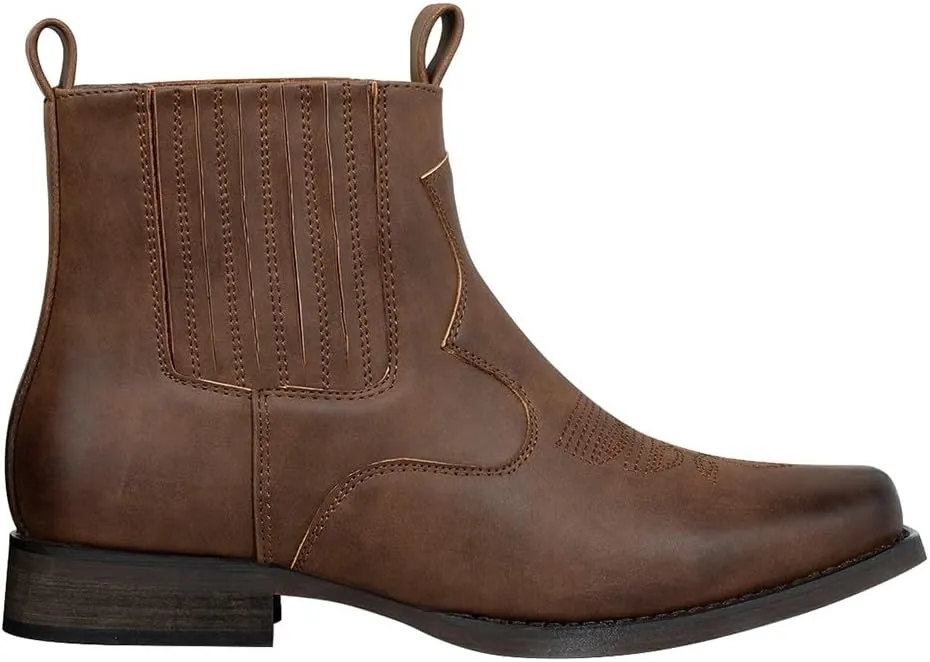 J's.o.l.e Ankle Cowboy Boots for Men Square Toe Western Boot Classic Casual Mens Chelsea Boot Brown