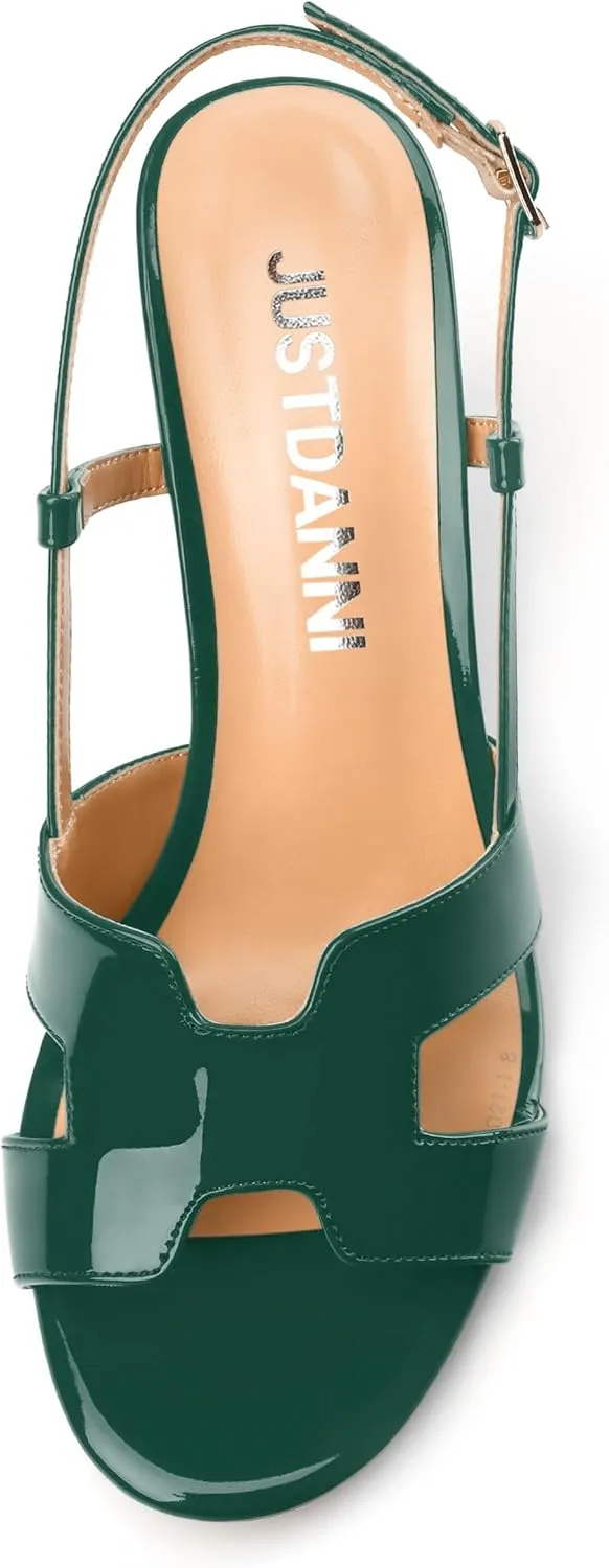 JUSTDANNI Women Slingback Strappy Dress Sandals Square Open Toe Patent Heeled Sandals Low kitten Heels for Women Comfortable Casual