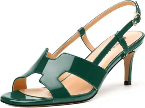 JUSTDANNI Women Slingback Strappy Dress Sandals Square Open Toe Patent Heeled Sandals Low kitten Heels for Women Comfortable Casual