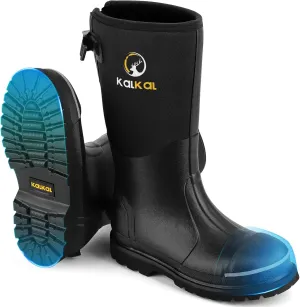 Kalkal Steel Toe Rubber Boots for Men - Waterproof Anti Slip Work Boots 6mm Neoprene Rain Boot Durable Hunting Boots with Steel Shank for Farming Gardening Construction Outdoor Work Size 5-14