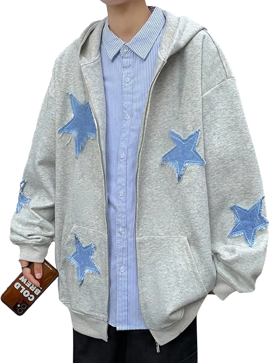 Karwuiio Women Y2k Zip Up Hoodies Star Graphic Long Sleeve Jackets Hip Hop Harajuku Oversized Hooded Sweatshirt