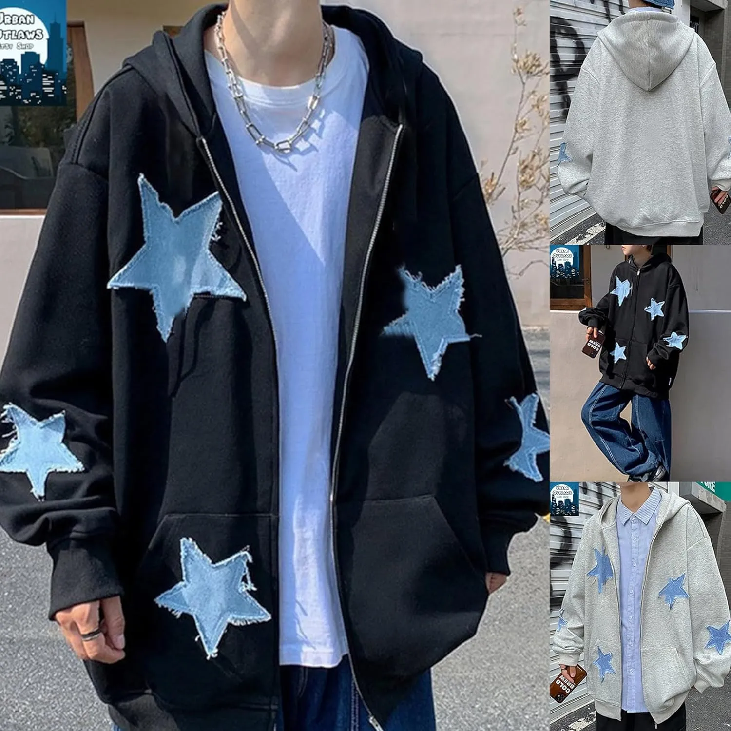 Karwuiio Women Y2k Zip Up Hoodies Star Graphic Long Sleeve Jackets Hip Hop Harajuku Oversized Hooded Sweatshirt
