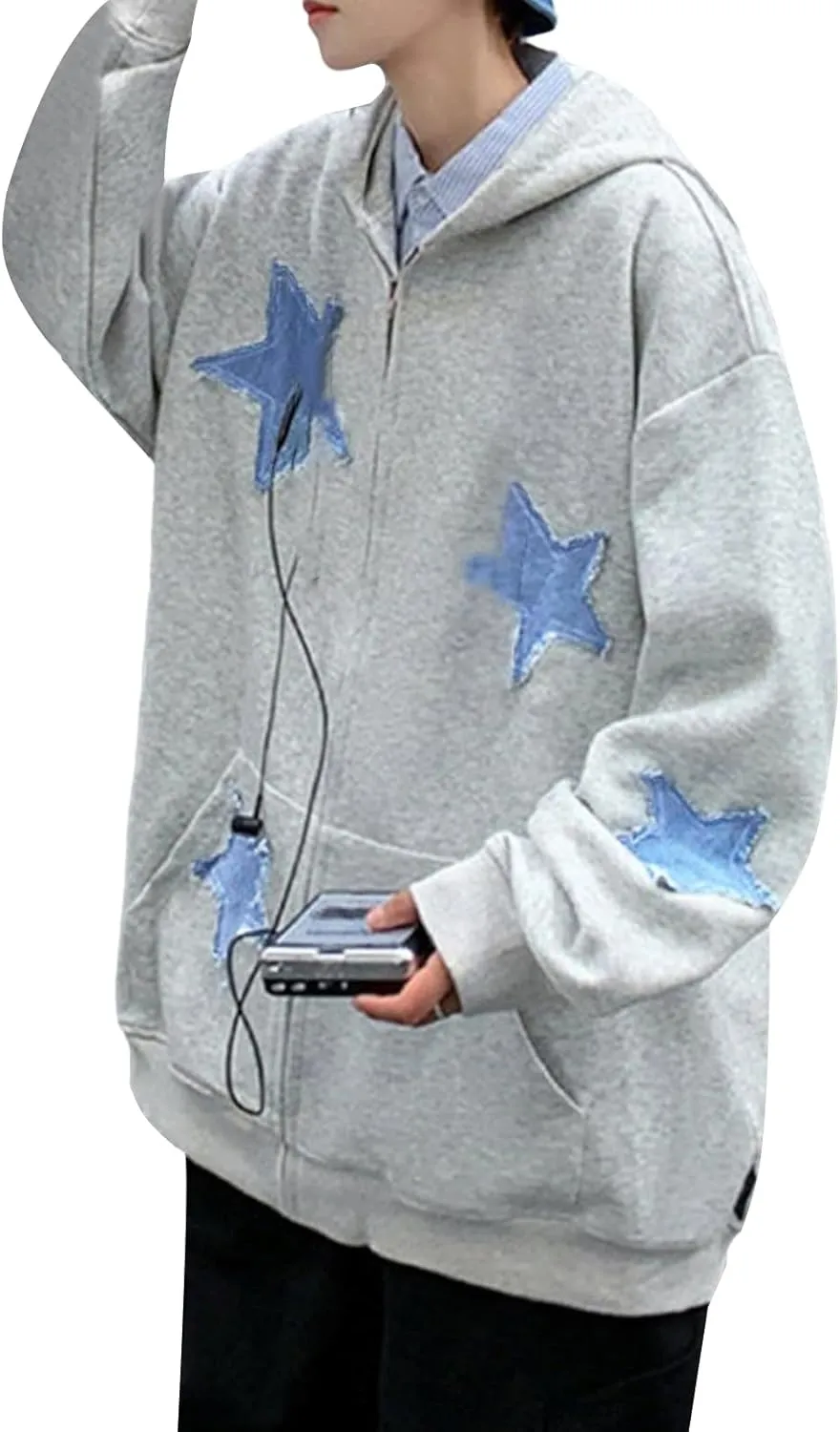 Karwuiio Women Y2k Zip Up Hoodies Star Graphic Long Sleeve Jackets Hip Hop Harajuku Oversized Hooded Sweatshirt