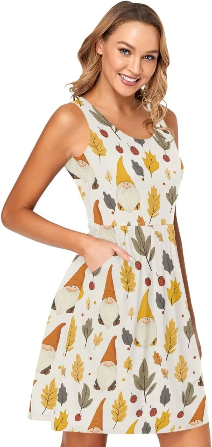 KLL Autumn Gnomes Yellow Leaves Berries Vintage Women Sun Dress Loose Sleeveless Party Tshirt Sundresses Crewneck