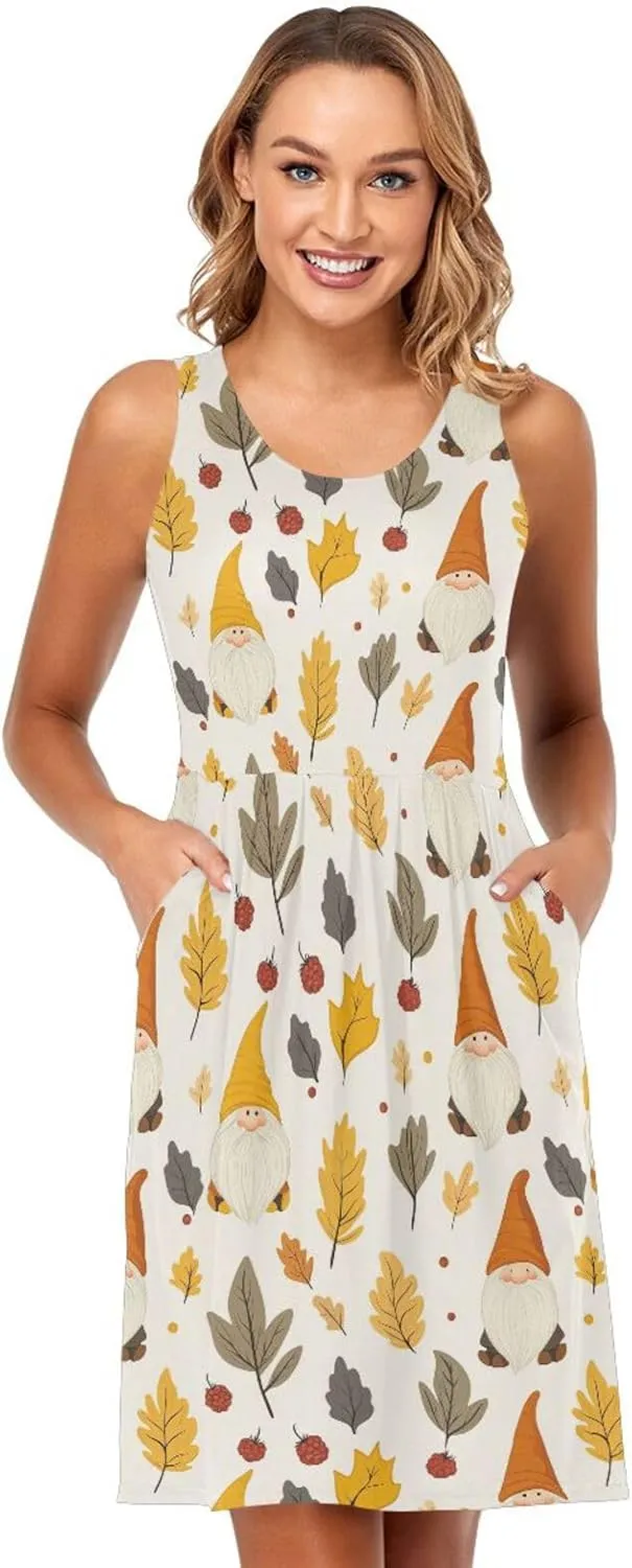 KLL Autumn Gnomes Yellow Leaves Berries Vintage Women Sun Dress Loose Sleeveless Party Tshirt Sundresses Crewneck