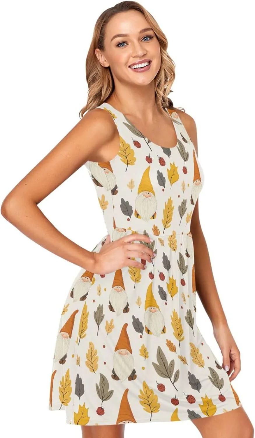KLL Autumn Gnomes Yellow Leaves Berries Vintage Women Sun Dress Loose Sleeveless Party Tshirt Sundresses Crewneck