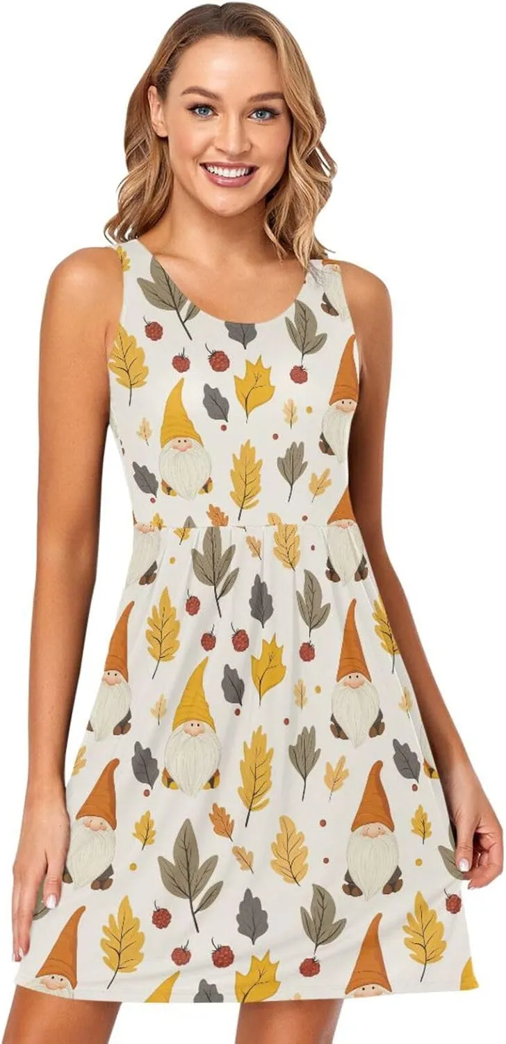 KLL Autumn Gnomes Yellow Leaves Berries Vintage Women Sun Dress Loose Sleeveless Party Tshirt Sundresses Crewneck