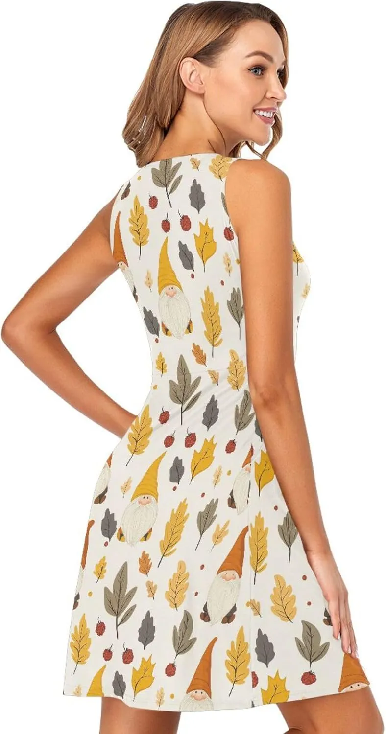 KLL Autumn Gnomes Yellow Leaves Berries Vintage Women Sun Dress Loose Sleeveless Party Tshirt Sundresses Crewneck