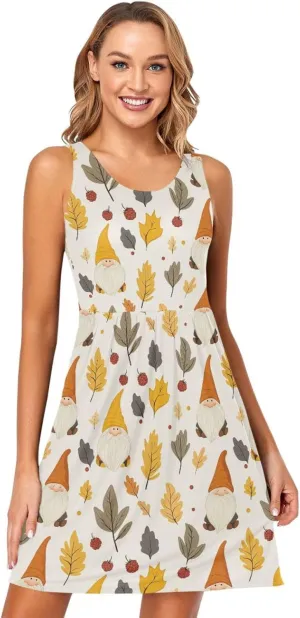 KLL Autumn Gnomes Yellow Leaves Berries Vintage Women Sun Dress Loose Sleeveless Party Tshirt Sundresses Crewneck