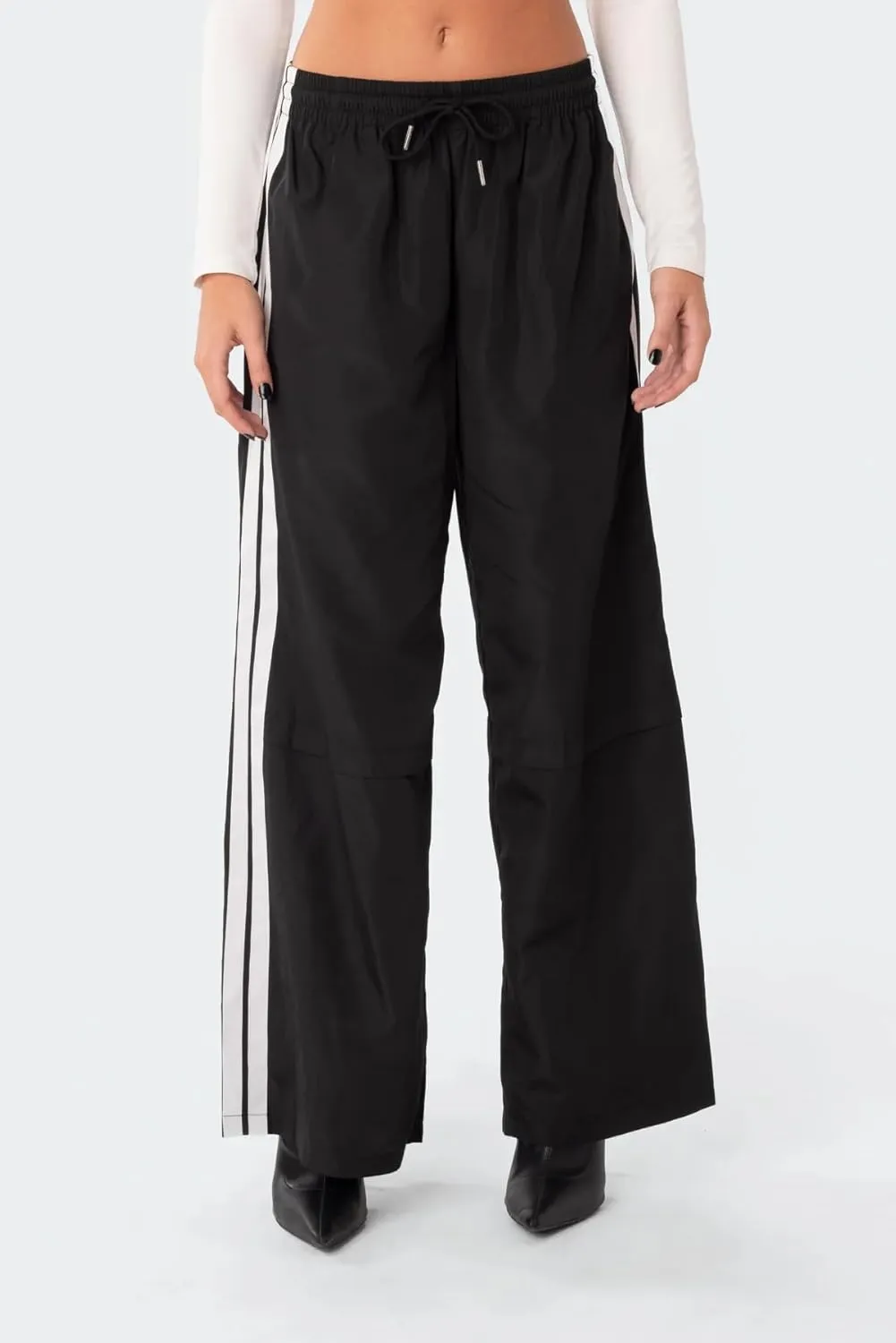 KMBANGI Women Striped Track Pants Elastic Waist Straight Leg Sweatpants Joggers Wide Leg Side Stripes Pants with Pockets
