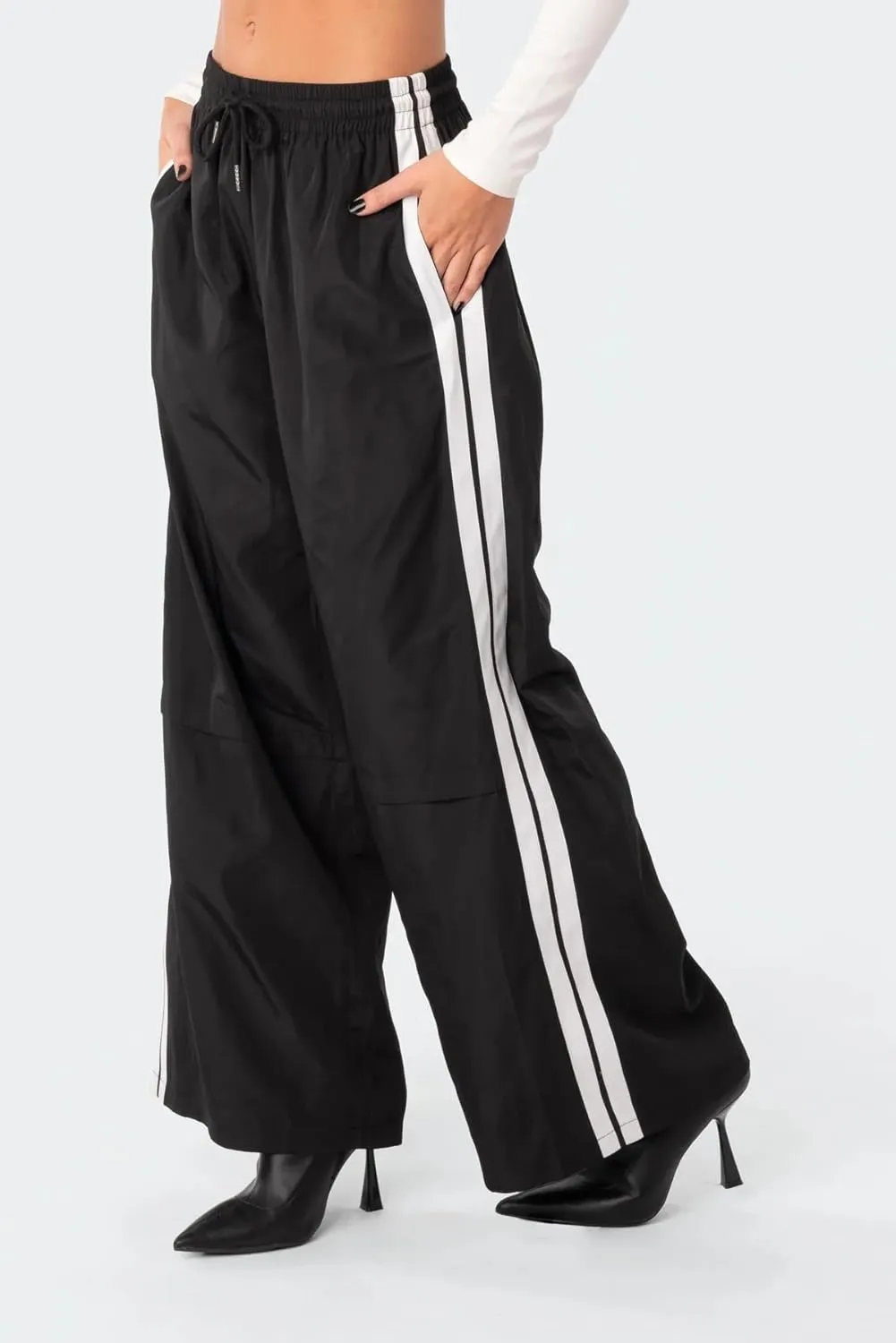 KMBANGI Women Striped Track Pants Elastic Waist Straight Leg Sweatpants Joggers Wide Leg Side Stripes Pants with Pockets