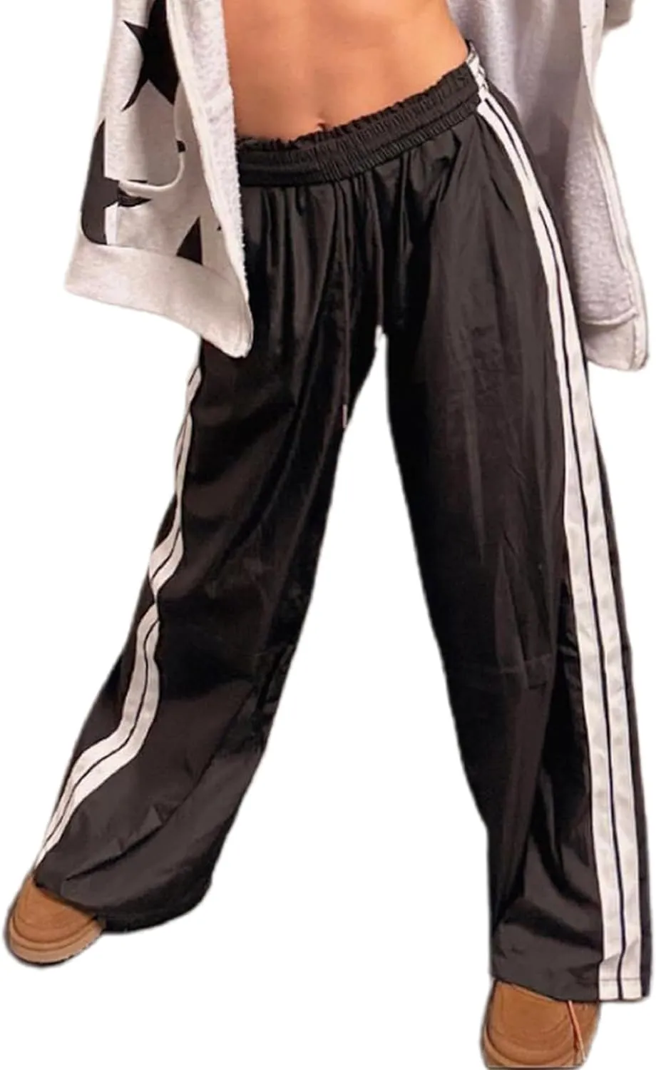 KMBANGI Women Striped Track Pants Elastic Waist Straight Leg Sweatpants Joggers Wide Leg Side Stripes Pants with Pockets